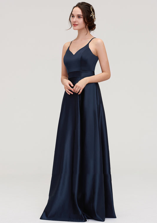 V Neck Sleeveless Long/Floor-Length Satin A-line/Princess Bridesmaid Dresseses Emely DFP0025345