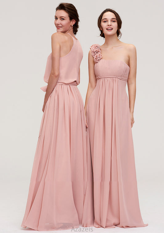 Sleeveless One-Shoulder Long/Floor-Length Chiffon A-line/Princess Bridesmaid Dresses With Pleated Flowers Charlotte DFP0025346