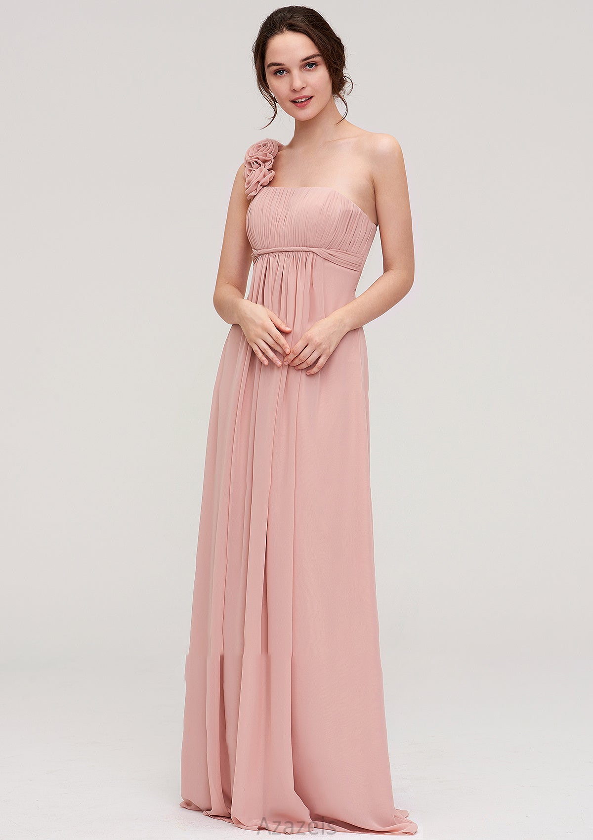 Sleeveless One-Shoulder Long/Floor-Length Chiffon A-line/Princess Bridesmaid Dresses With Pleated Flowers Charlotte DFP0025346