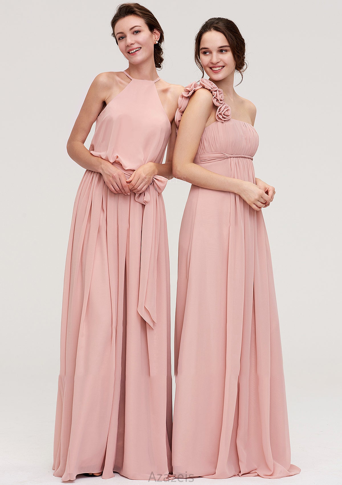 Sleeveless One-Shoulder Long/Floor-Length Chiffon A-line/Princess Bridesmaid Dresses With Pleated Flowers Charlotte DFP0025346