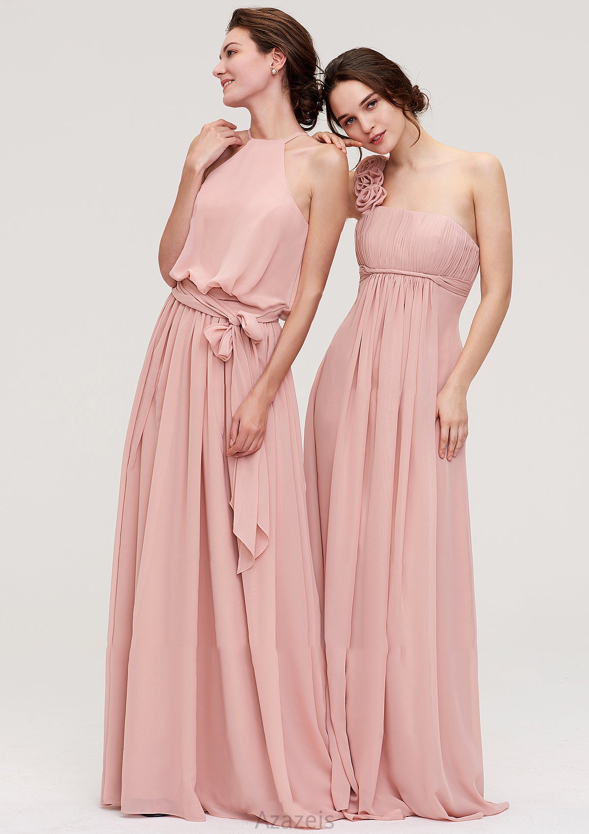 Sleeveless One-Shoulder Long/Floor-Length Chiffon A-line/Princess Bridesmaid Dresses With Pleated Flowers Charlotte DFP0025346