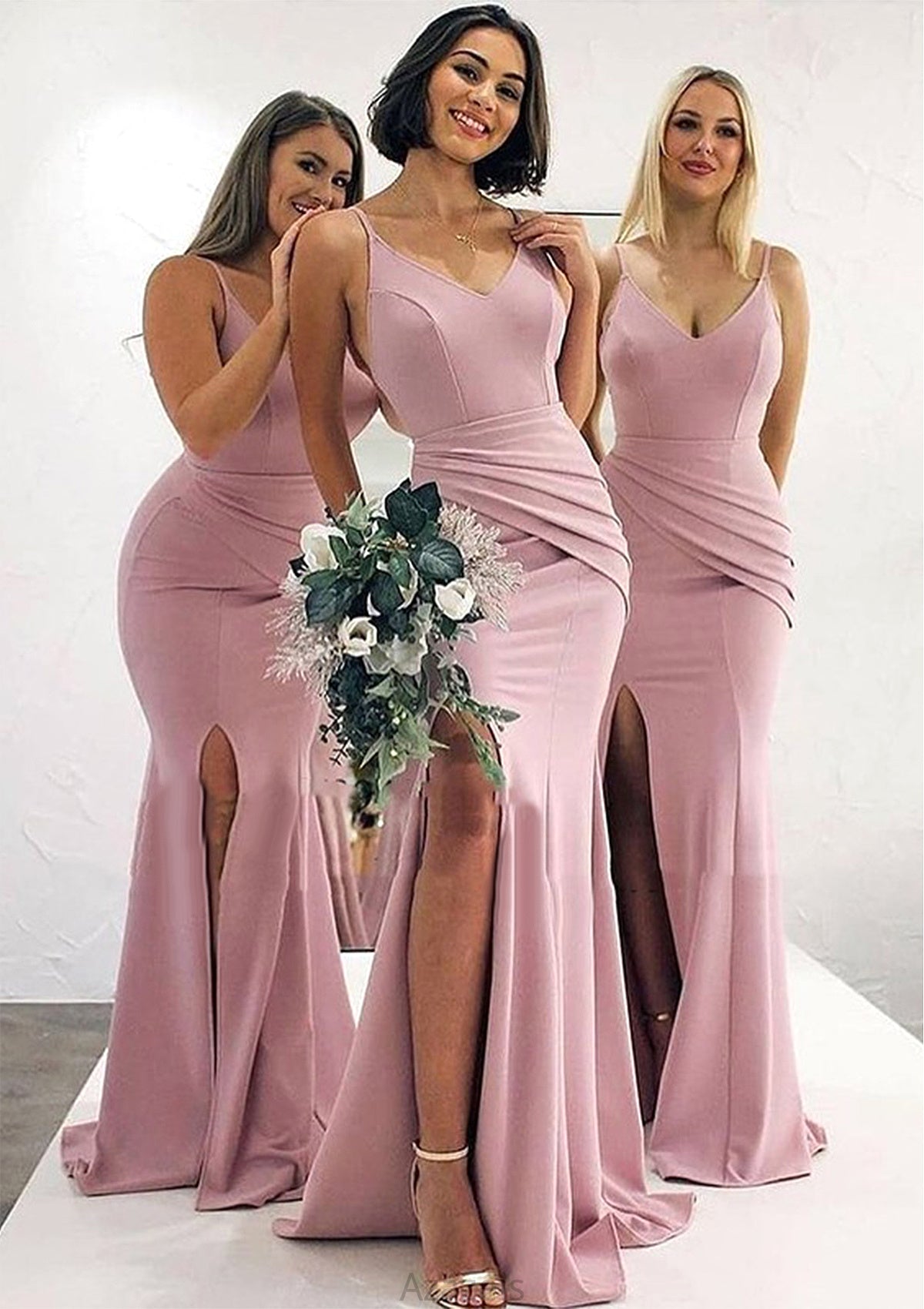 Trumpet/Mermaid V Neck Sleeveless Long/Floor-Length Elastic Satin Bridesmaid Dresses With Pleated Split Litzy DFP0025347