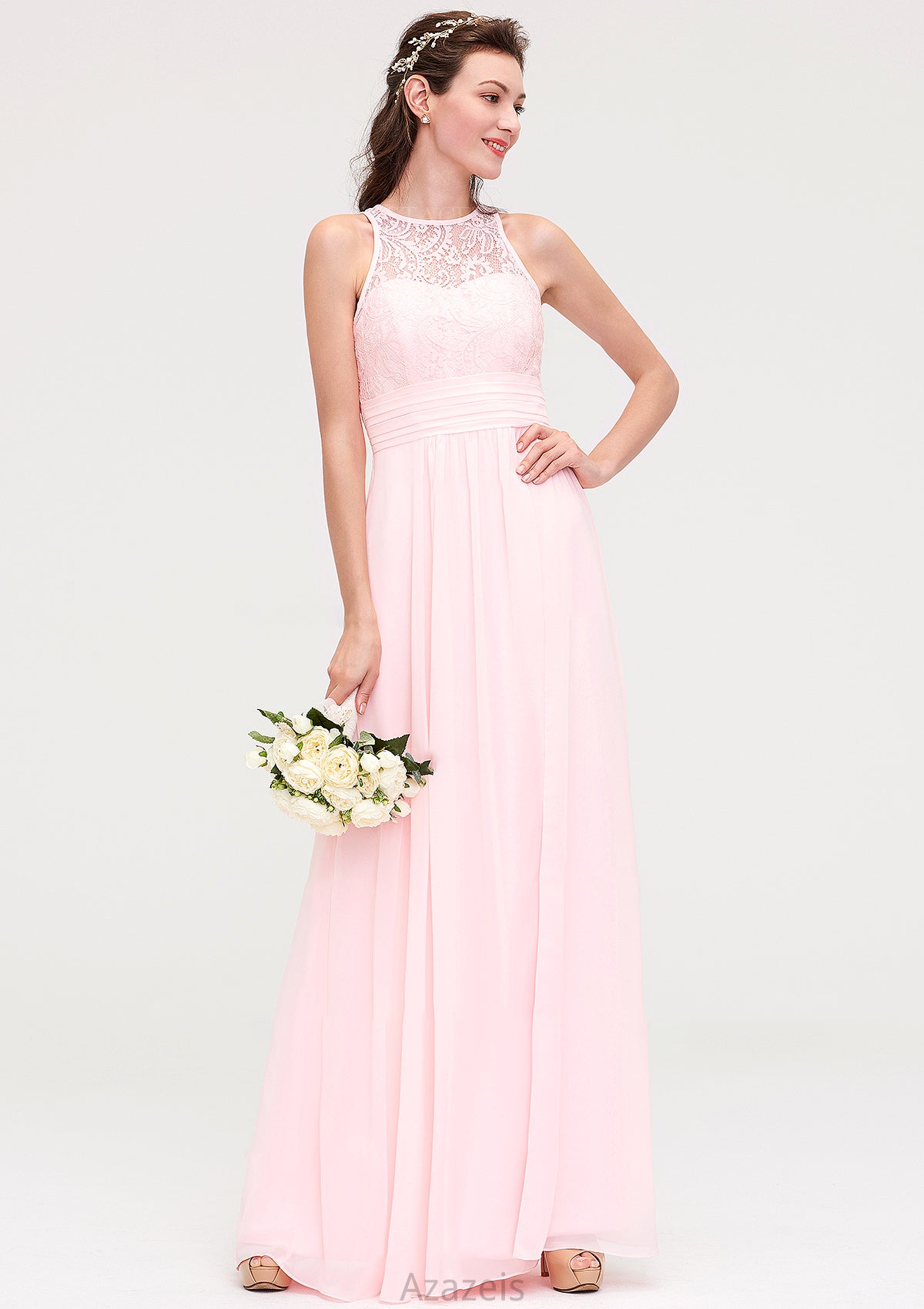 Sleeveless Scoop Neck Chiffon A-line/Princess Long/Floor-Length Bridesmaid Dresseses With Split Lace Jazlyn DFP0025349