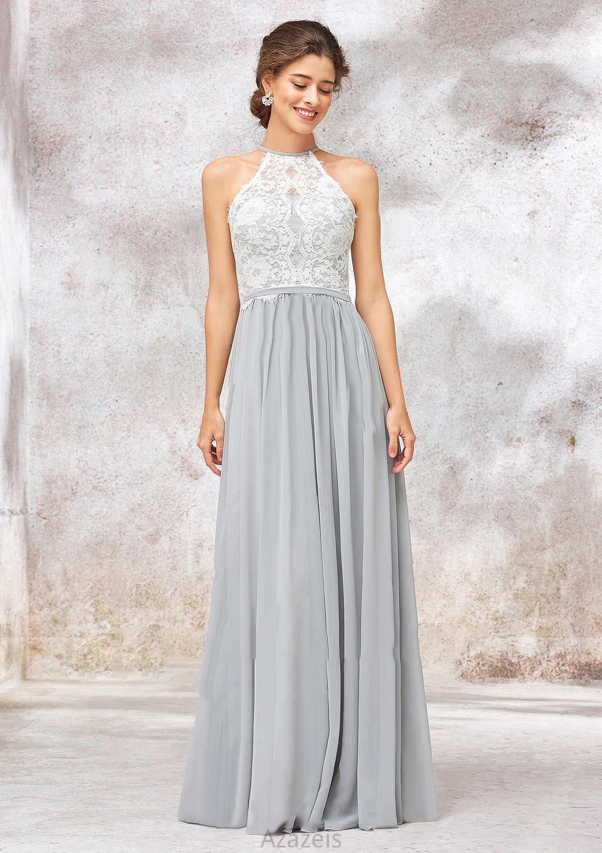 Scoop Neck A-line/Princess Sleeveless Chiffon Long/Floor-Length Bridesmaid Dresses With Lace Katelyn DFP0025350