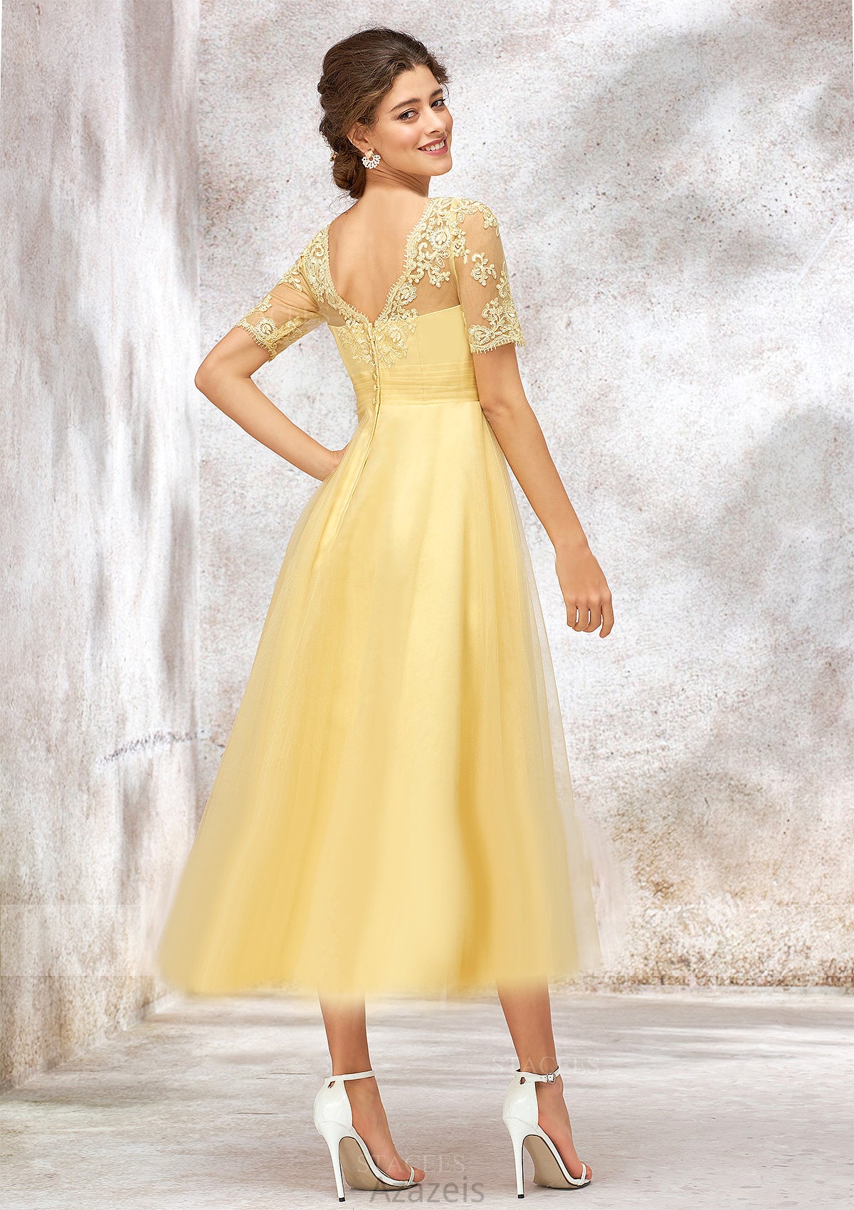 Short Sleeve A-line/Princess Tulle Bateau Bridesmaid Dresses With Lace Appliqued Stella DFP0025351