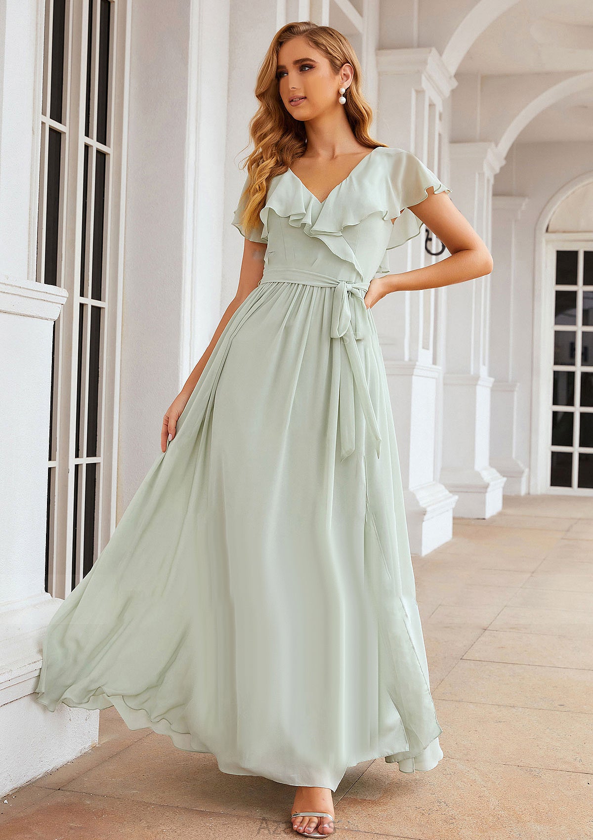 A-line V Neck Short Sleeve Long/Floor-Length Chiffon Bridesmaid Dresses With Sashes Ruffles Violet DFP0025352