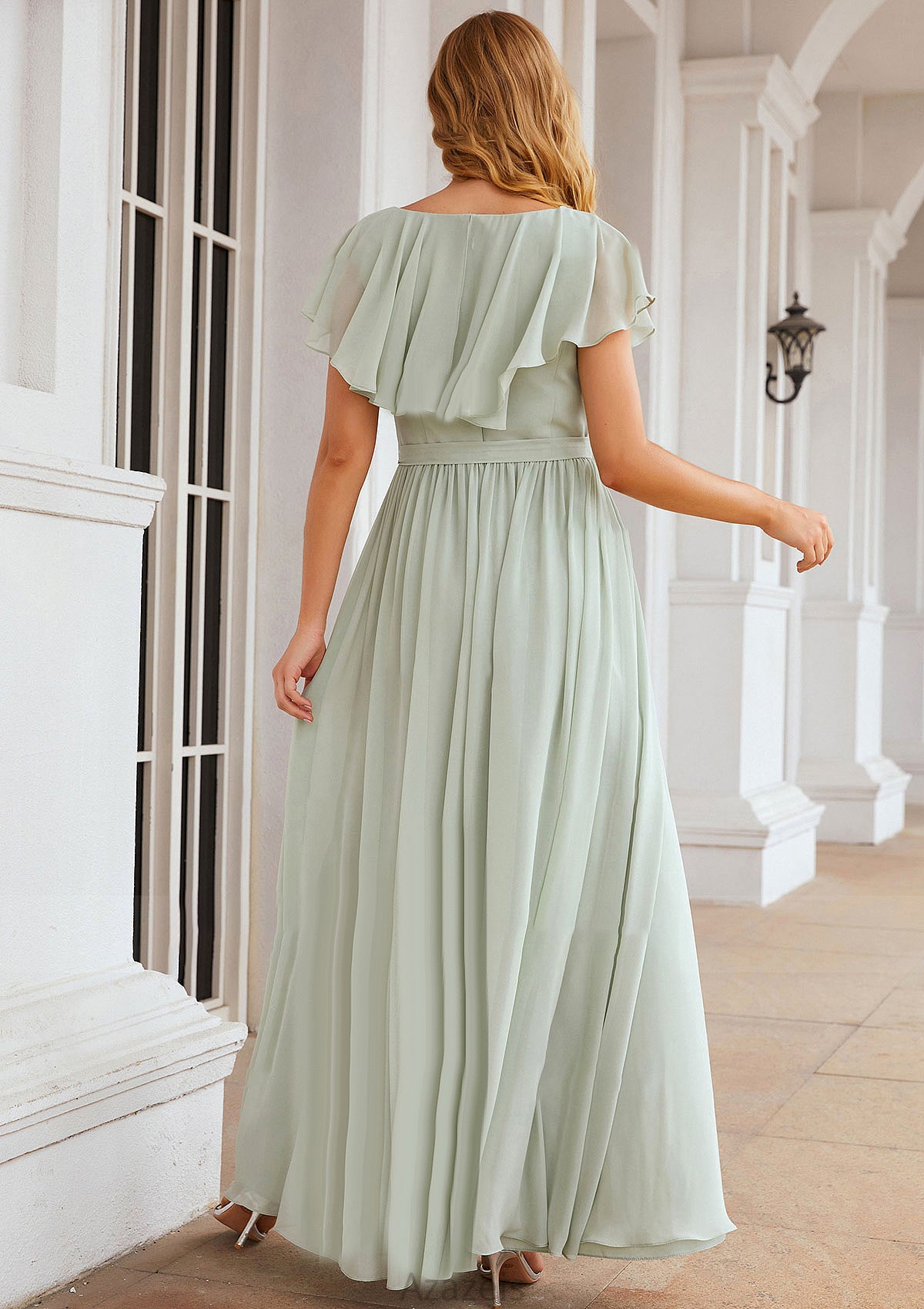 A-line V Neck Short Sleeve Long/Floor-Length Chiffon Bridesmaid Dresses With Sashes Ruffles Violet DFP0025352