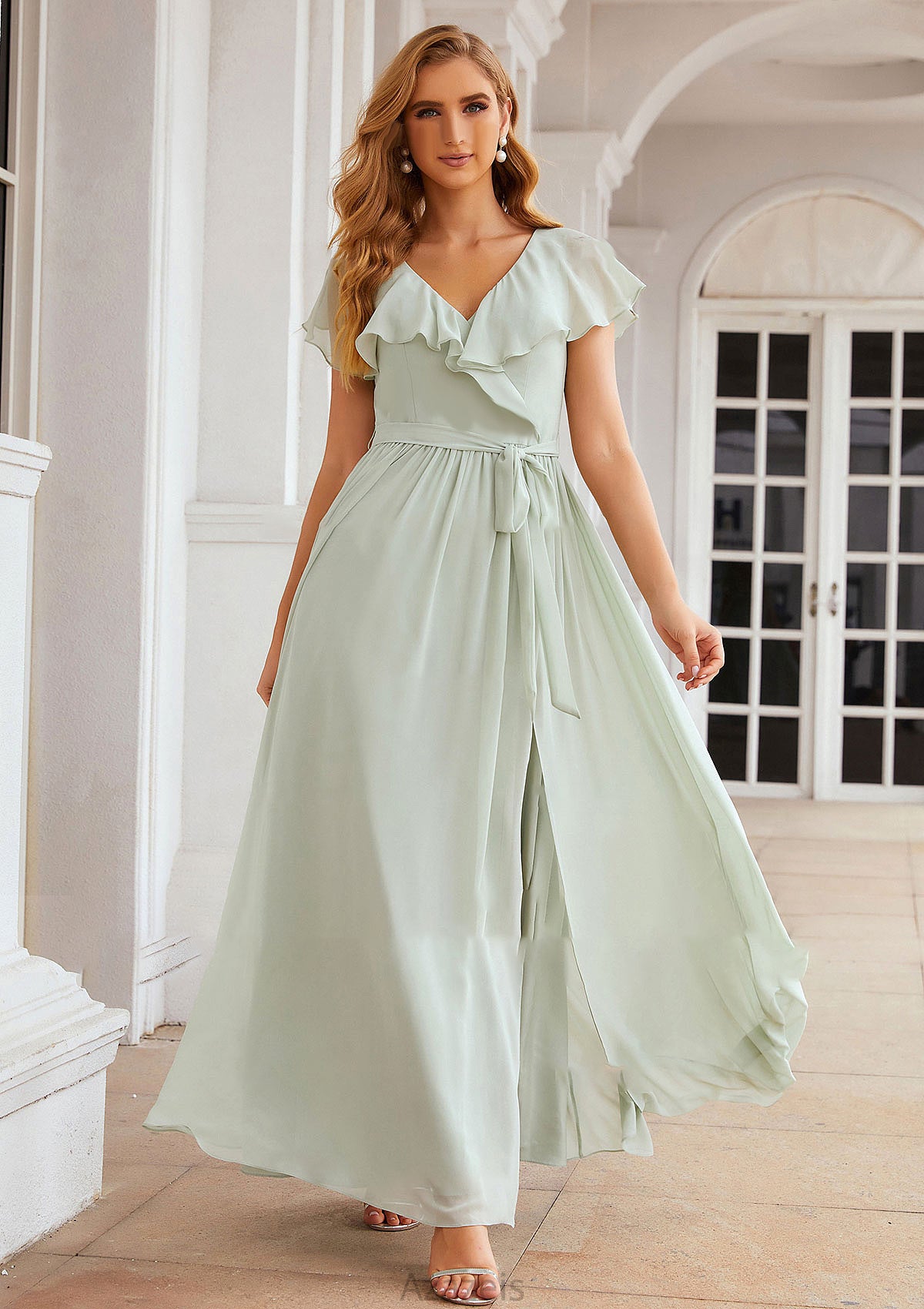 A-line V Neck Short Sleeve Long/Floor-Length Chiffon Bridesmaid Dresses With Sashes Ruffles Violet DFP0025352