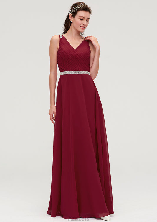 V Neck Sleeveless Chiffon A-line/Princess Long/Floor-Length Bridesmaid Dresseses With Waistband Beading Pleated Judy DFP0025355