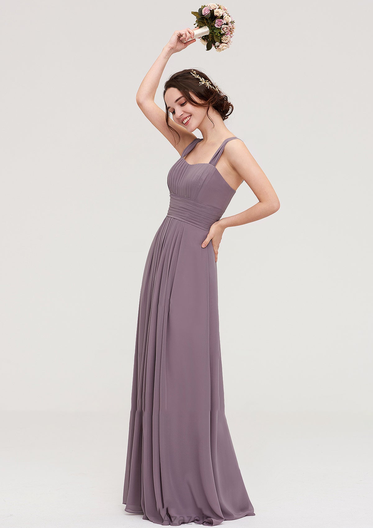 Square Neckline Sleeveless Chiffon Long/Floor-Length A-line/Princess Bridesmaid Dresses With Pleated Stella DFP0025356