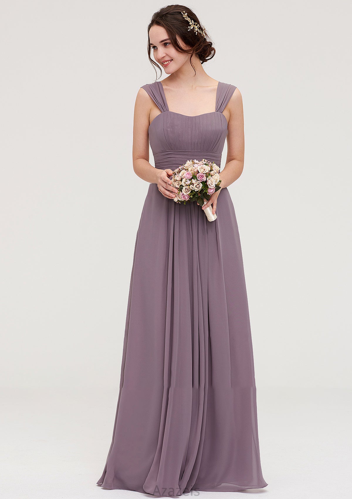 Square Neckline Sleeveless Chiffon Long/Floor-Length A-line/Princess Bridesmaid Dresses With Pleated Stella DFP0025356