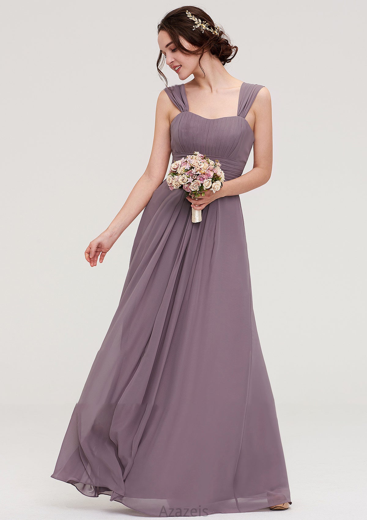 Square Neckline Sleeveless Chiffon Long/Floor-Length A-line/Princess Bridesmaid Dresses With Pleated Stella DFP0025356