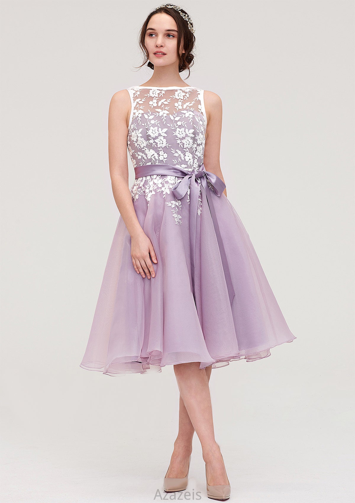 Bateau Sleeveless Organza Knee-Length A-line/Princess Bridesmaid Dresses With Sashes Lace Shelby DFP0025358