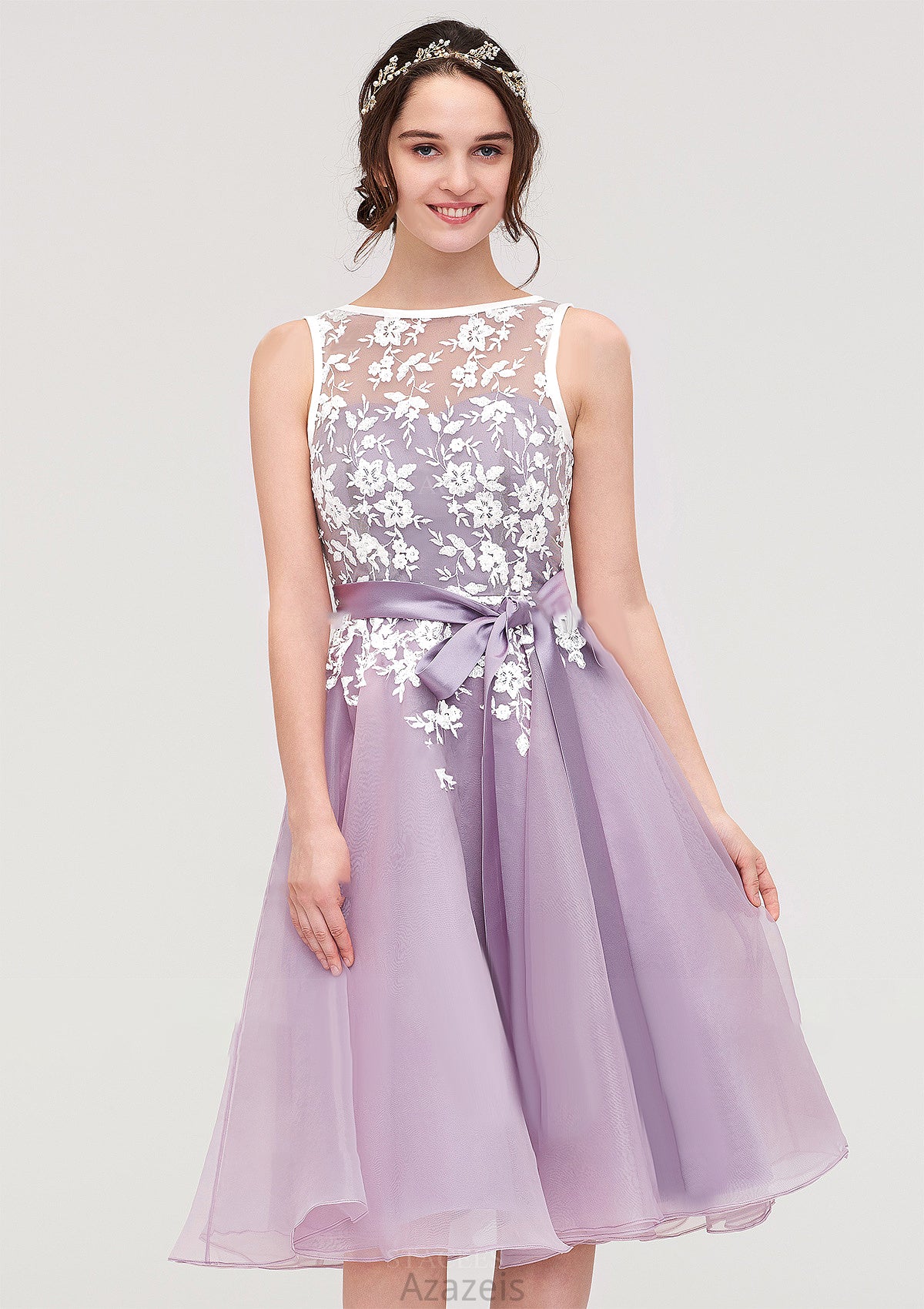 Bateau Sleeveless Organza Knee-Length A-line/Princess Bridesmaid Dresses With Sashes Lace Shelby DFP0025358