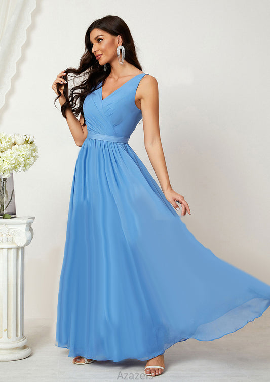 A-line V Neck Sleeveless Chiffon Long/Floor-Length Bridesmaid Dresses With Pleated Zariah DFP0025360