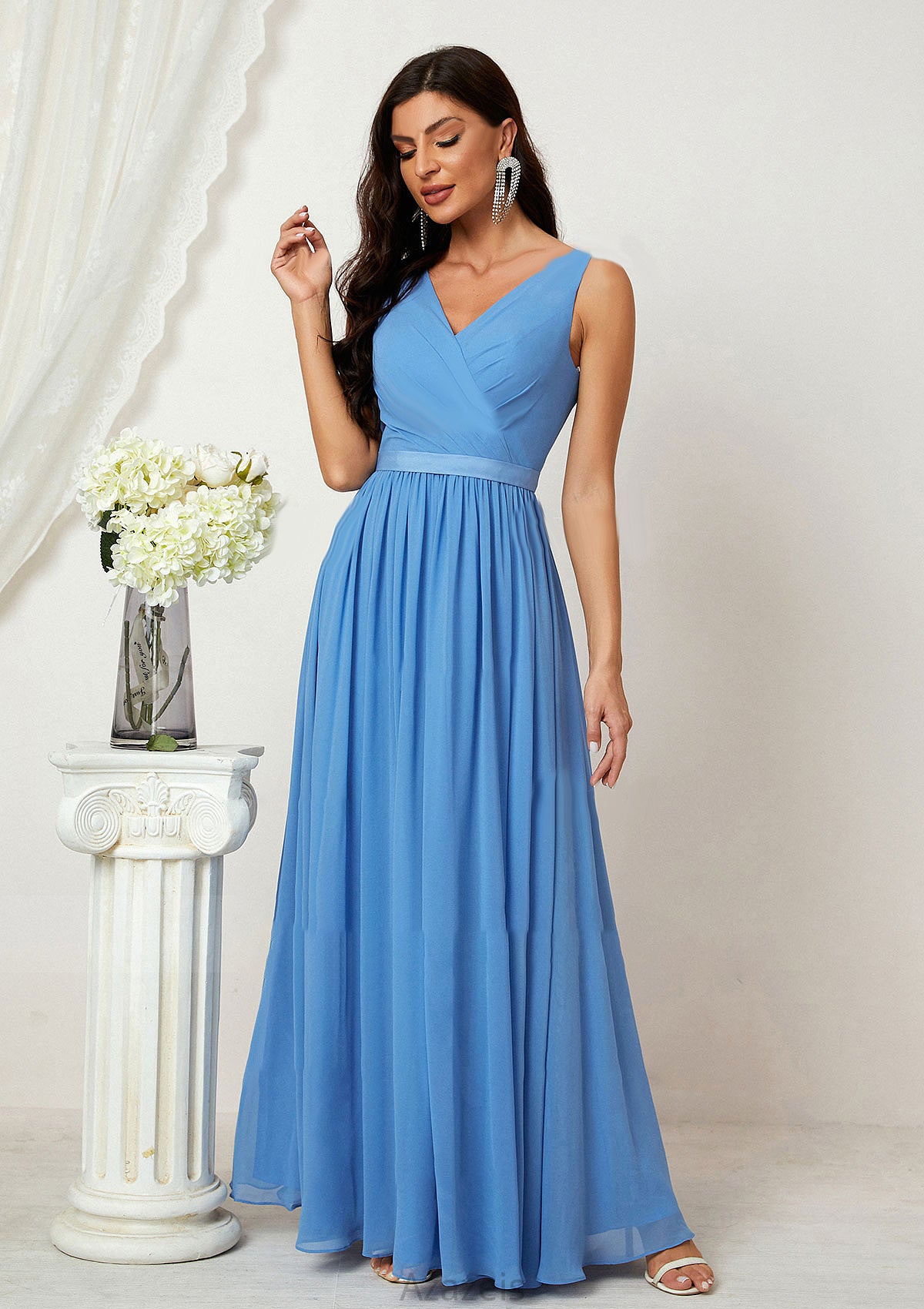 A-line V Neck Sleeveless Chiffon Long/Floor-Length Bridesmaid Dresses With Pleated Zariah DFP0025360