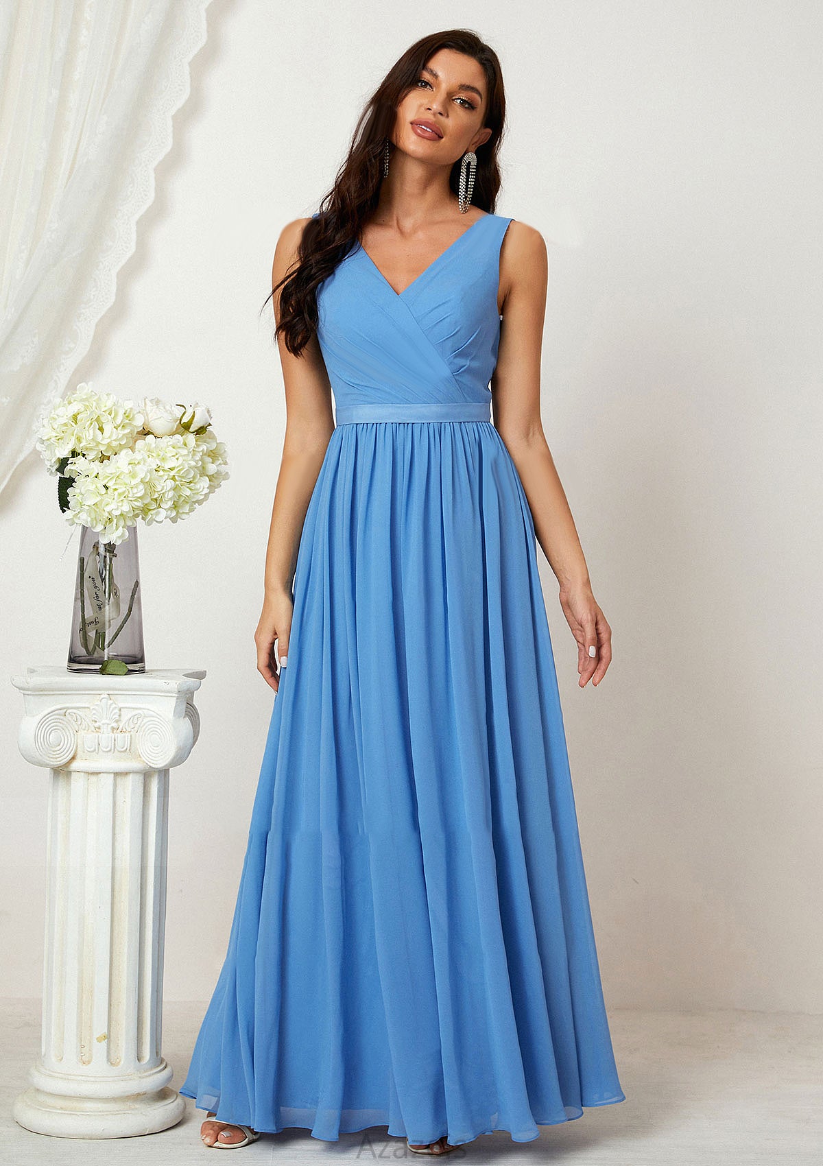 A-line V Neck Sleeveless Chiffon Long/Floor-Length Bridesmaid Dresses With Pleated Zariah DFP0025360