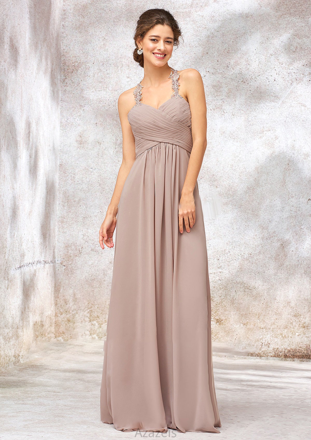 A-line Sweetheart Sleeveless Chiffon Long/Floor-Length Bridesmaid Dresses With Lace Pleated Kelly DFP0025365