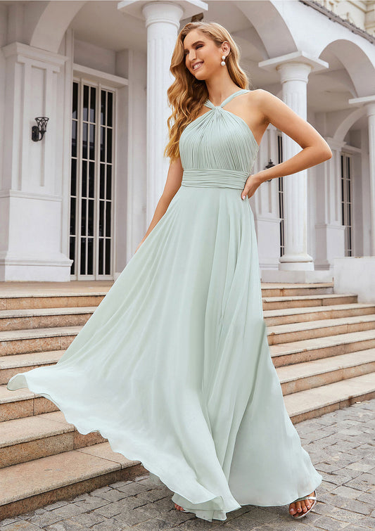 A-line Scalloped Neck Sleeveless Long/Floor-Length Chiffon Bridesmaid Dresses With Pleated Jaelyn DFP0025366