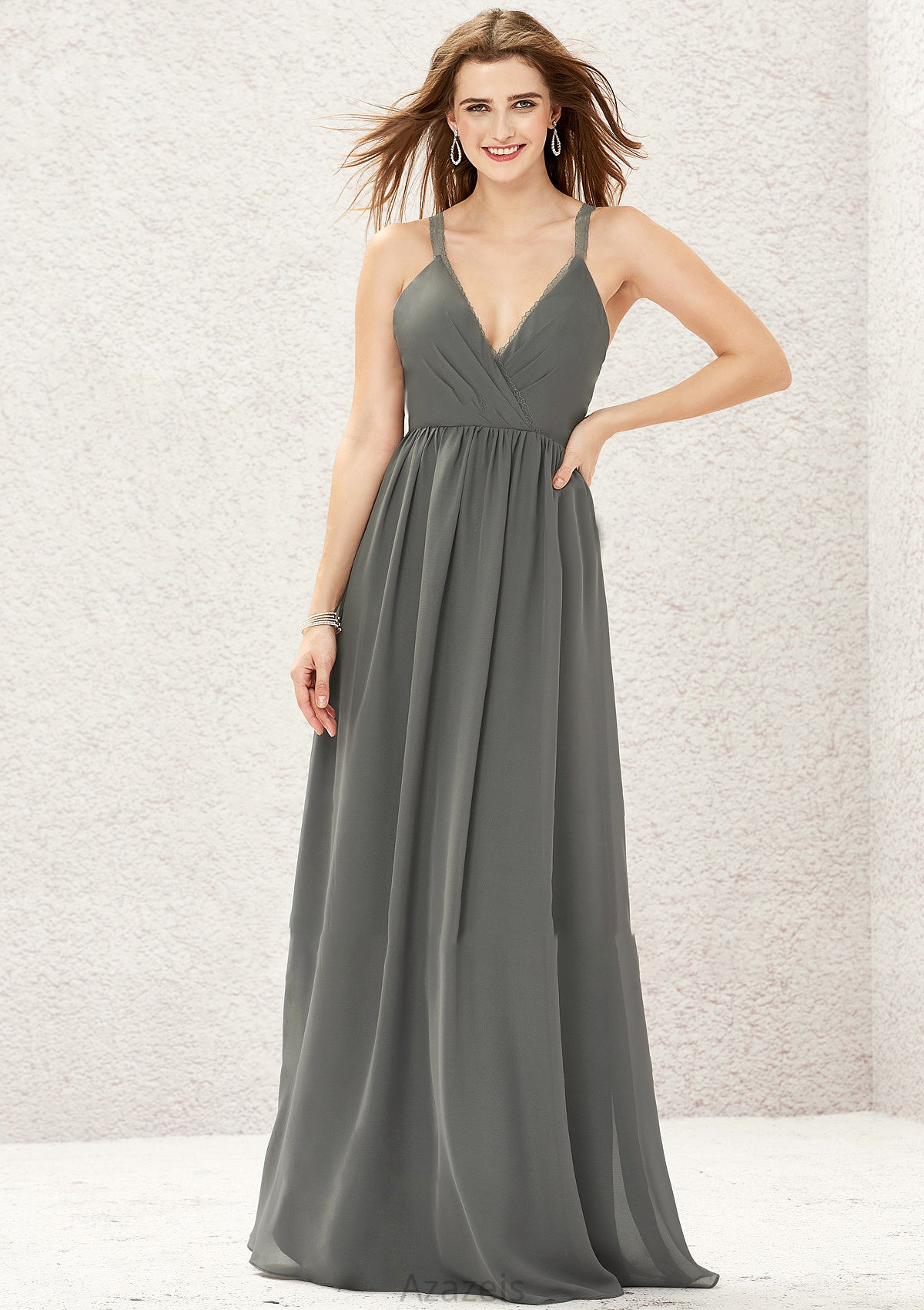 A-line V Neck Sleeveless Chiffon Long/Floor-Length Bridesmaid Dresses With Pleated Lace Maliyah DFP0025367