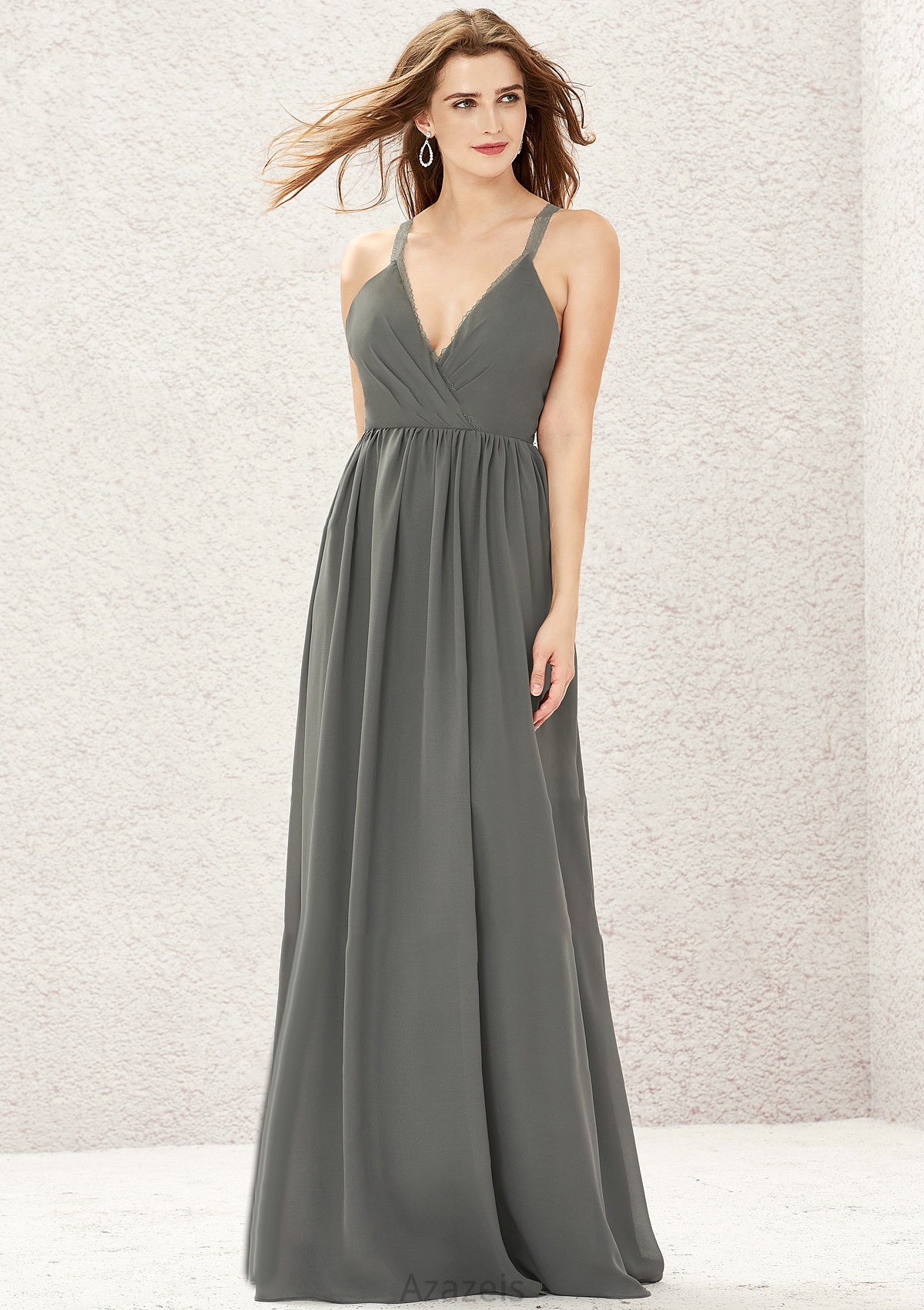 A-line V Neck Sleeveless Chiffon Long/Floor-Length Bridesmaid Dresses With Pleated Lace Maliyah DFP0025367