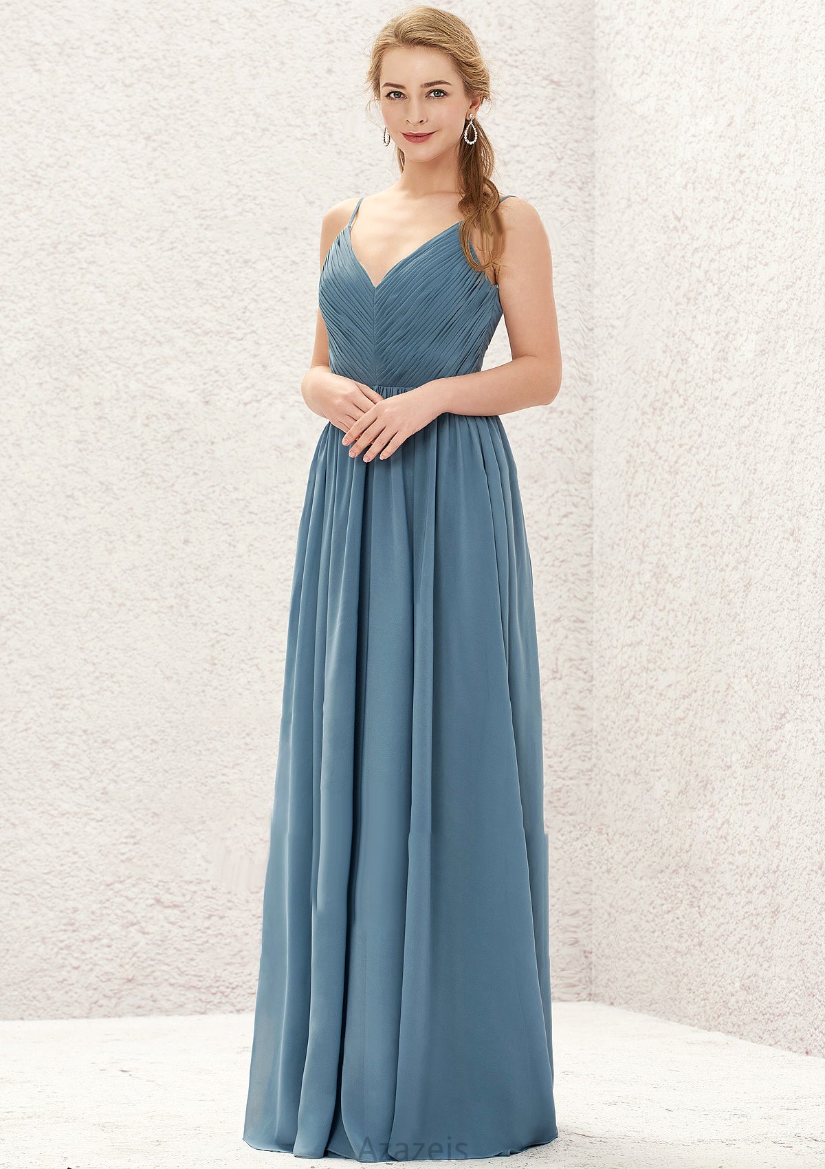 A-line V Neck Sleeveless Chiffon Long/Floor-Length Bridesmaid Dresses With Pleated Damaris DFP0025370