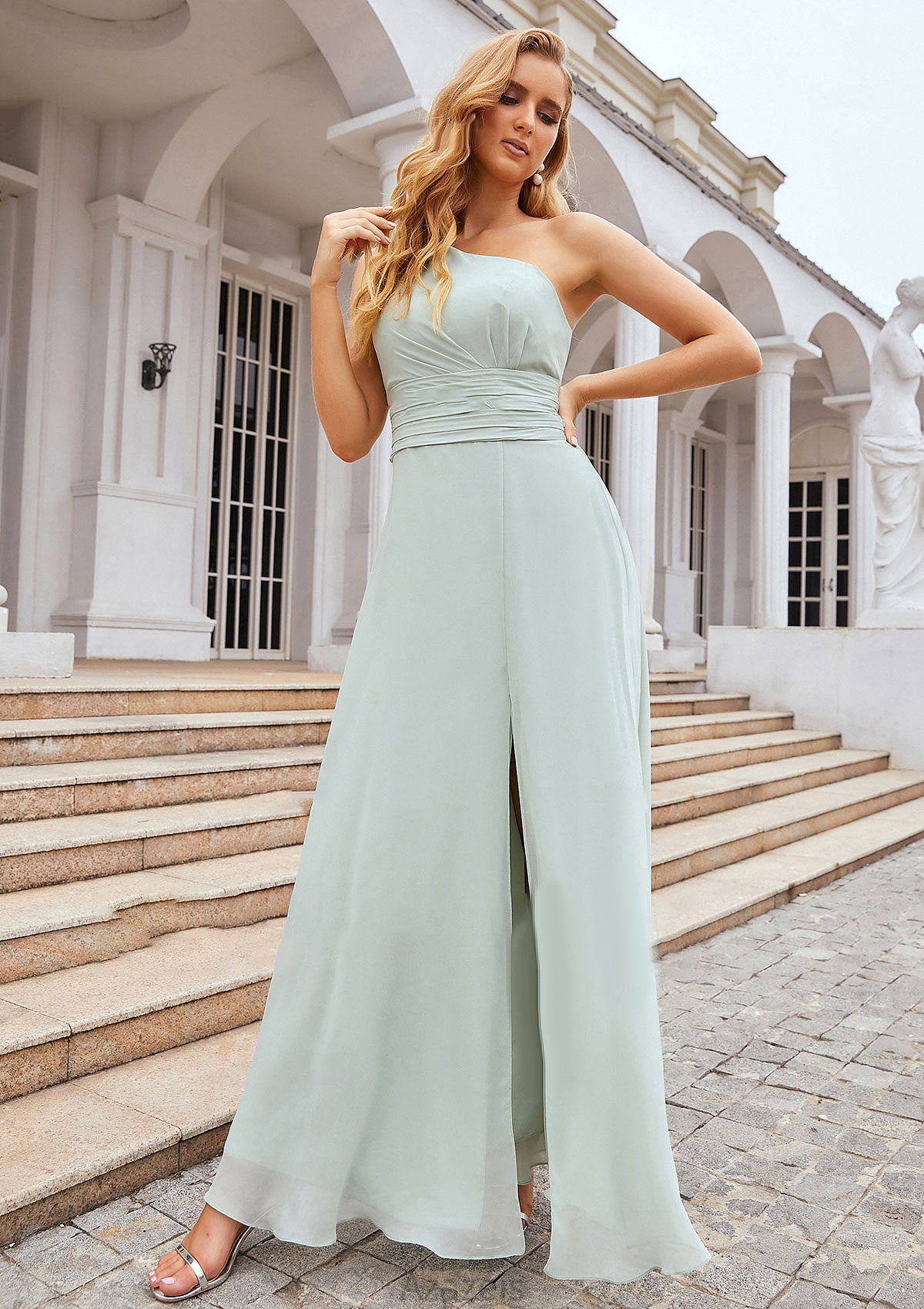 Sheath/Column One-Shoulder Sleeveless Long Chiffon Bridesmaid Dresseses With Pleated Waistband Split Rebecca DFP0025373