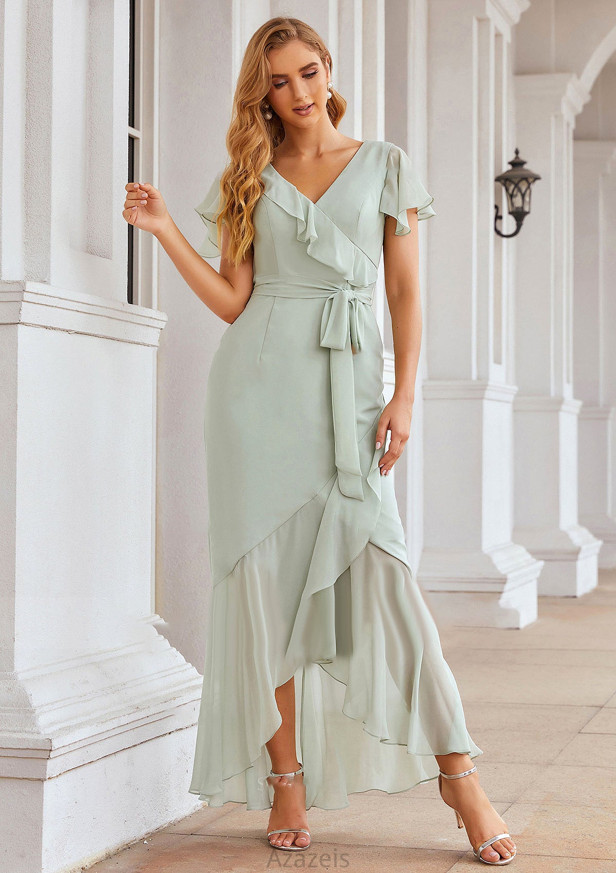 Sheath/Column V Neck Short Sleeve Asymmetrical Chiffon Bridesmaid Dresses With Ruffles Waistband Split Ella DFP0025375