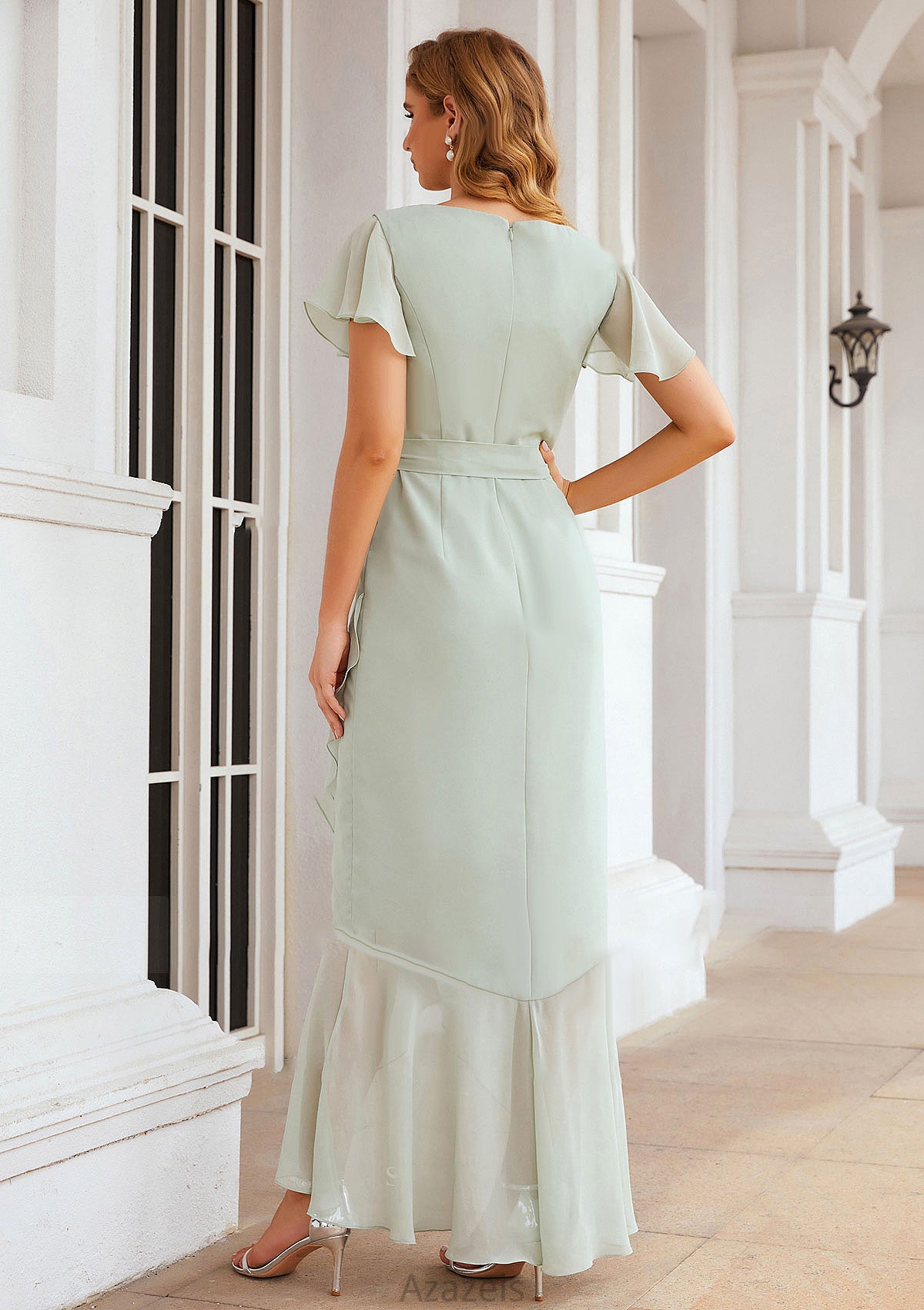 Sheath/Column V Neck Short Sleeve Asymmetrical Chiffon Bridesmaid Dresses With Ruffles Waistband Split Ella DFP0025375