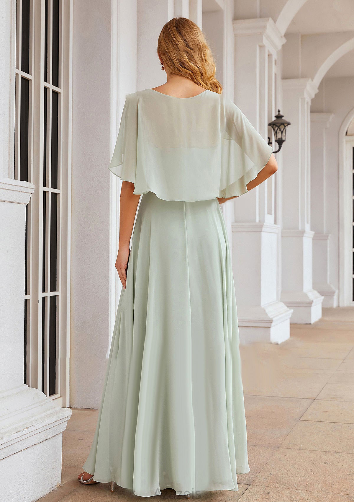 A-line V Neck Short Sleeve Long/Floor-Length Chiffon Bridesmaid Dresses Aubree DFP0025376