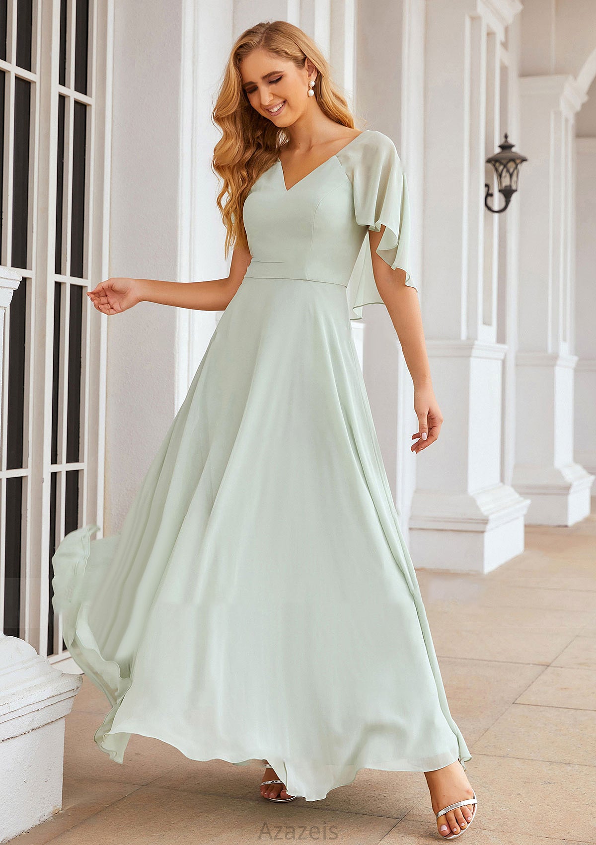 A-line V Neck Short Sleeve Long/Floor-Length Chiffon Bridesmaid Dresses Aubree DFP0025376