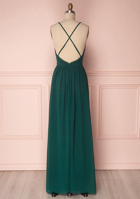 A-line V Neck Sleeveless Long/Floor-Length Chiffon Bridesmaid Dresses With Pleated Adison DFP0025377