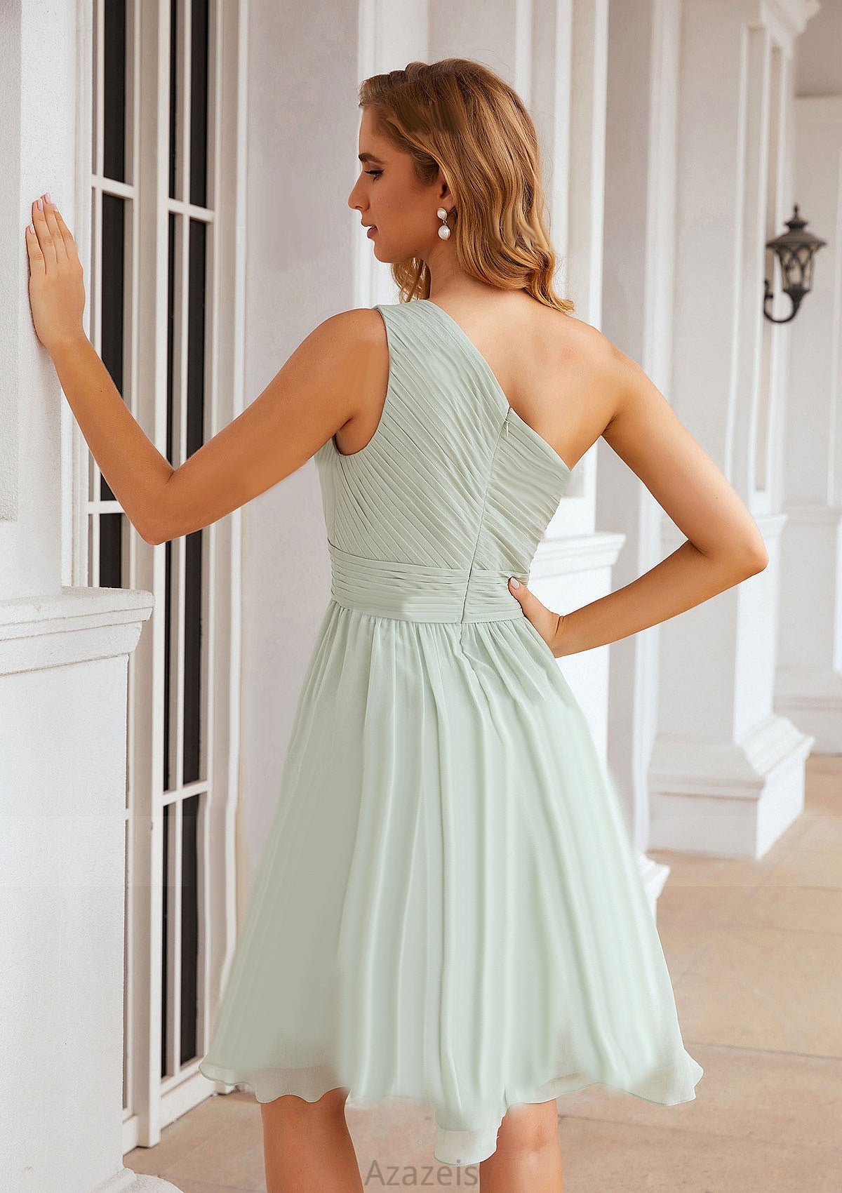 A-line One-Shoulder Sleeveless Chiffon Knee-Length Bridesmaid Dresses With Pleated Izabelle DFP0025379