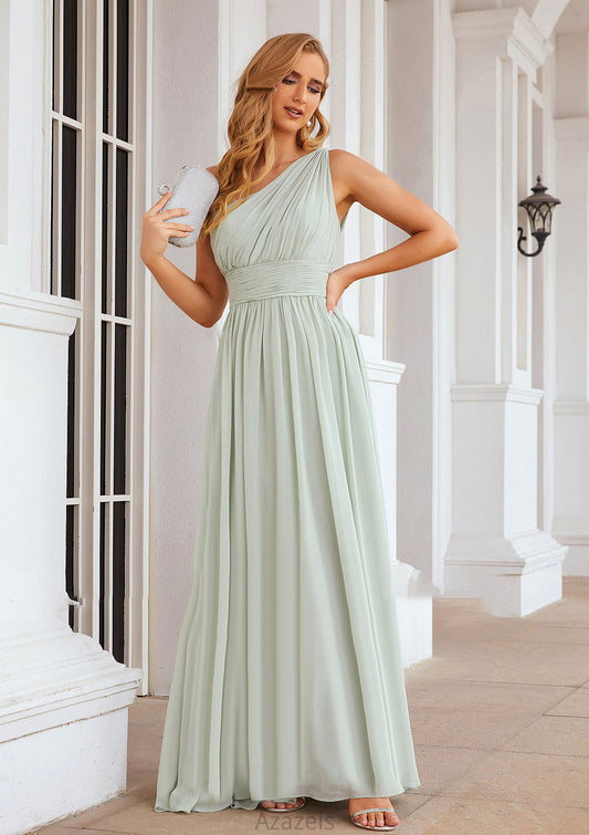 A-line One-Shoulder Sleeveless Chiffon Long/Floor-Length Bridesmaid Dresses With Pleated Priscilla DFP0025382