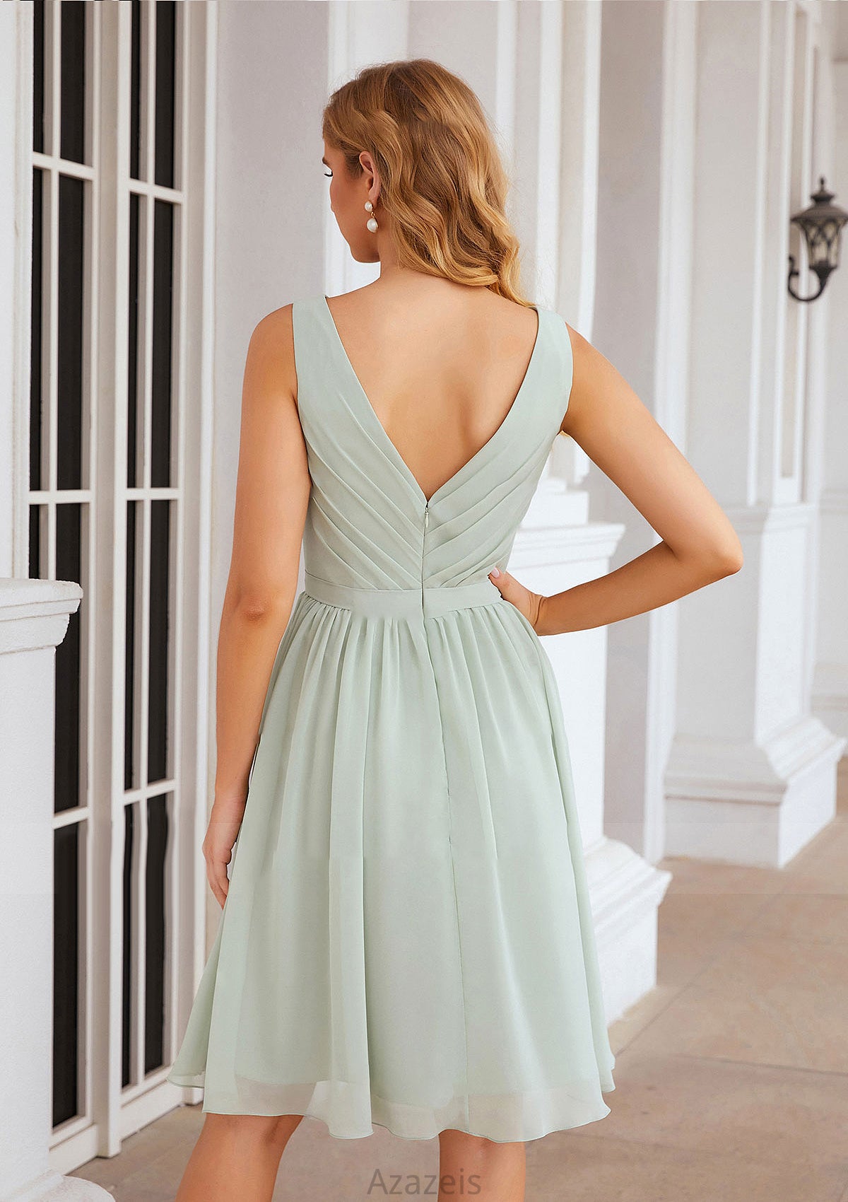 A-line V Neck Sleeveless Chiffon Knee-Length Bridesmaid Dresses With Pleated Waistband Silvia DFP0025383