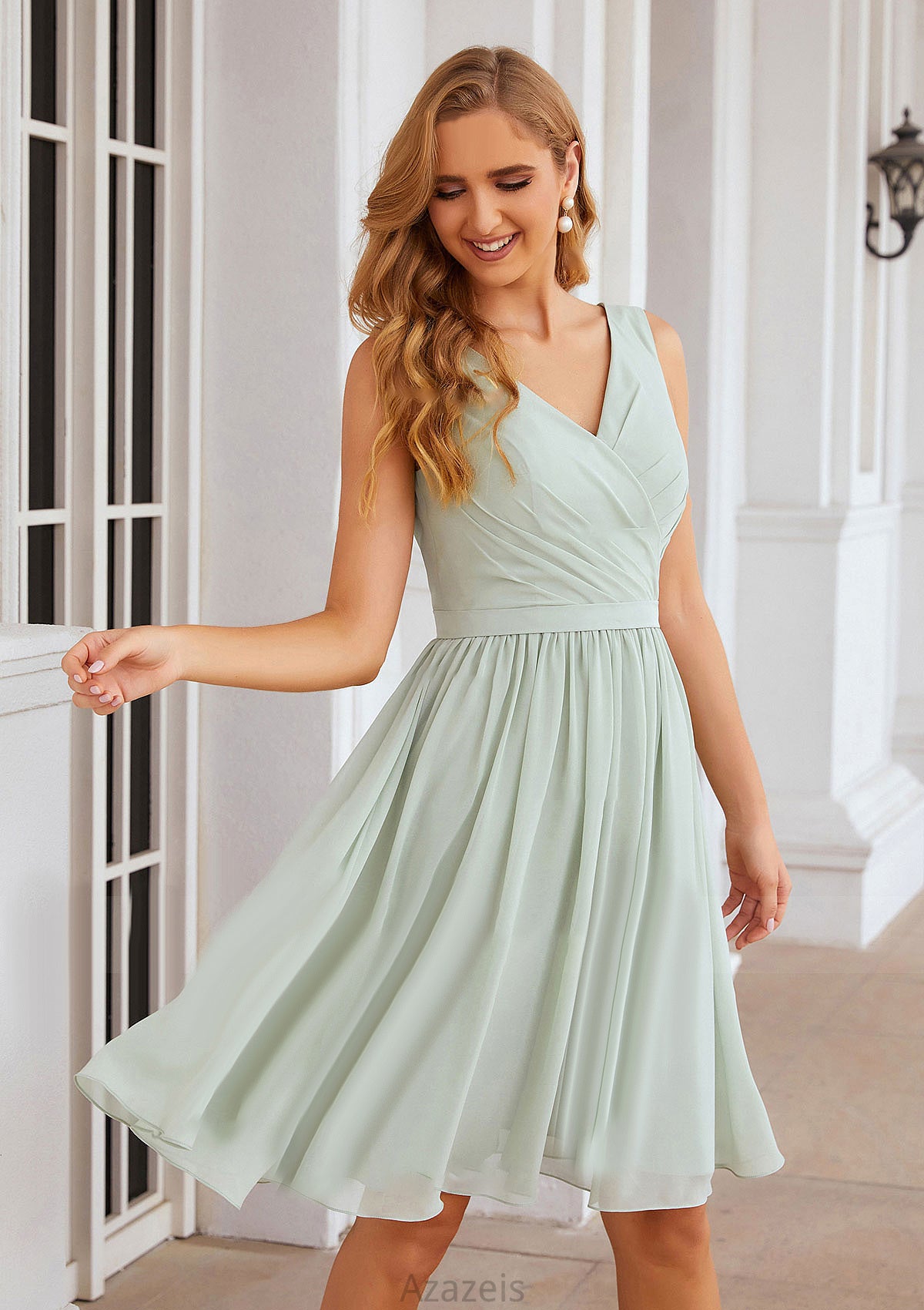 A-line V Neck Sleeveless Chiffon Knee-Length Bridesmaid Dresses With Pleated Waistband Silvia DFP0025383