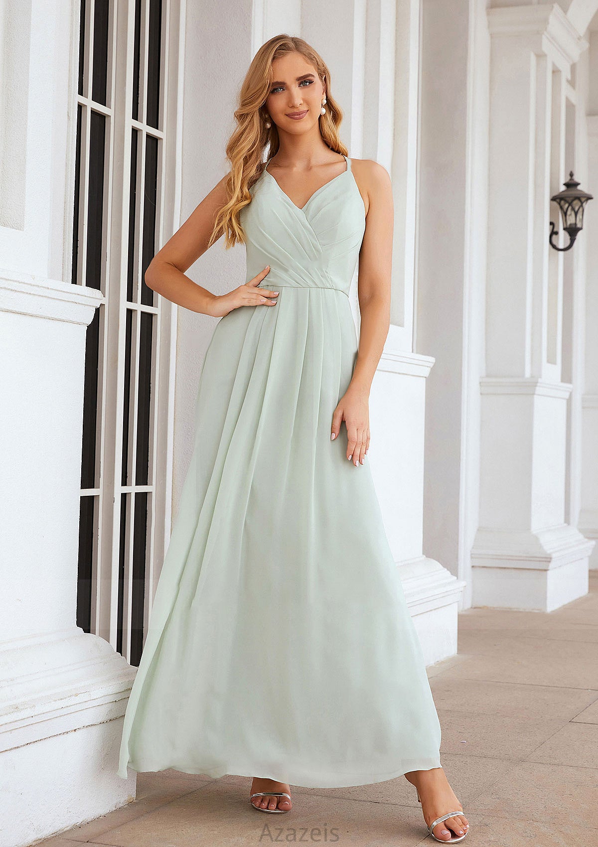 A-line V Neck Sleeveless Chiffon Long/Floor-Length Bridesmaid Dresses With Pleated Mallory DFP0025385