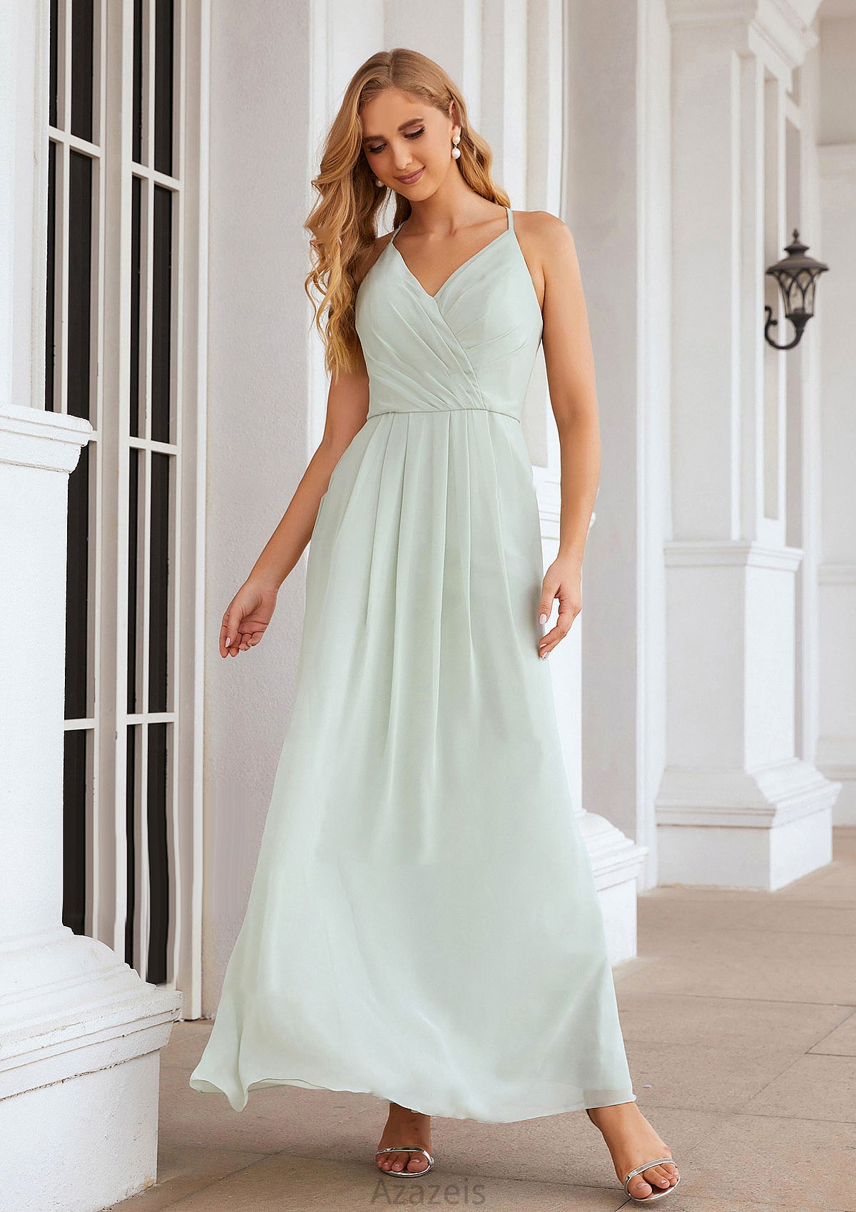 A-line V Neck Sleeveless Chiffon Long/Floor-Length Bridesmaid Dresses With Pleated Mallory DFP0025385