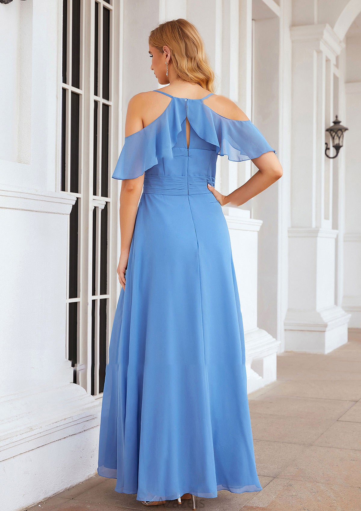 A-line V Neck Sleeveless Chiffon Long/Floor-Length Bridesmaid Dresses With Pleated Split Alissa DFP0025388