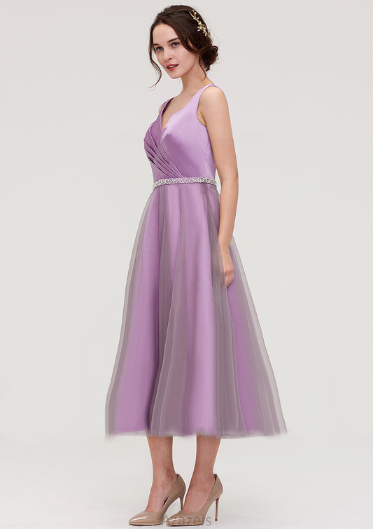 V Neck Sleeveless Tulle Tea-Length A-line/Princess Bridesmaid Dresses With Waistband Beading Pleated Perla DFP0025395