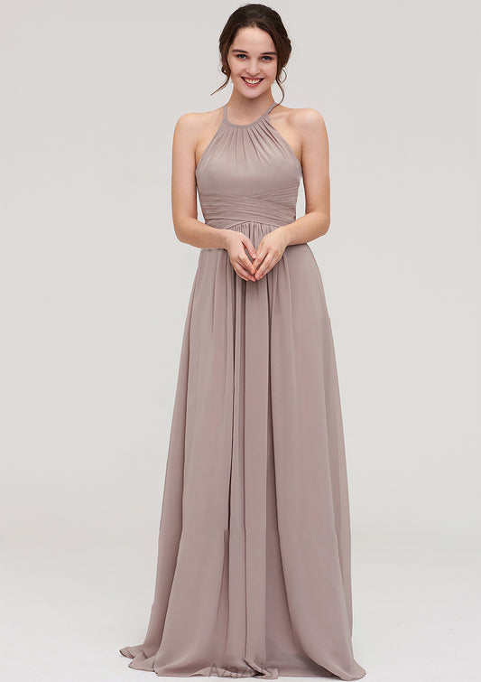 Scoop Neck Sleeveless A-line/Princess Chiffon Long/Floor-Length Bridesmaid Dresseses With Pleated Cristal DFP0025399