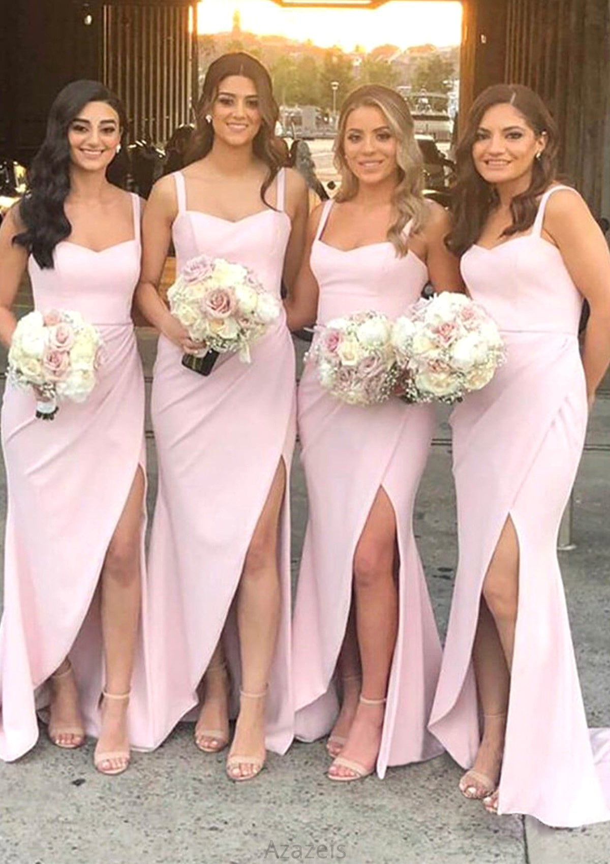 Sheath/Column Sweetheart Sleeveless Sweep Train Elastic Satin Bridesmaid Dresses With Pleated Split Ann DFP0025400