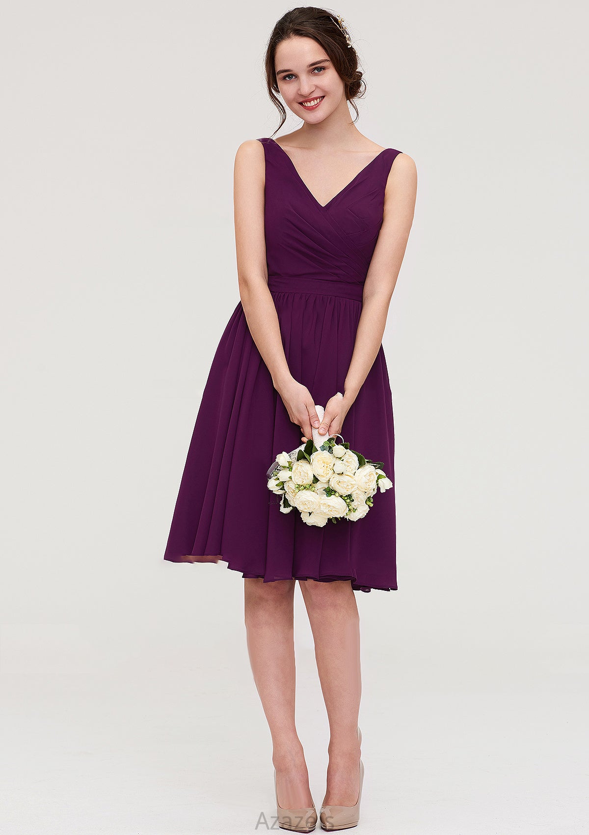 Sleeveless V Neck Chiffon A-line/Princess Knee-Length Bridesmaid Dresses With Pleated Estrella DFP0025401