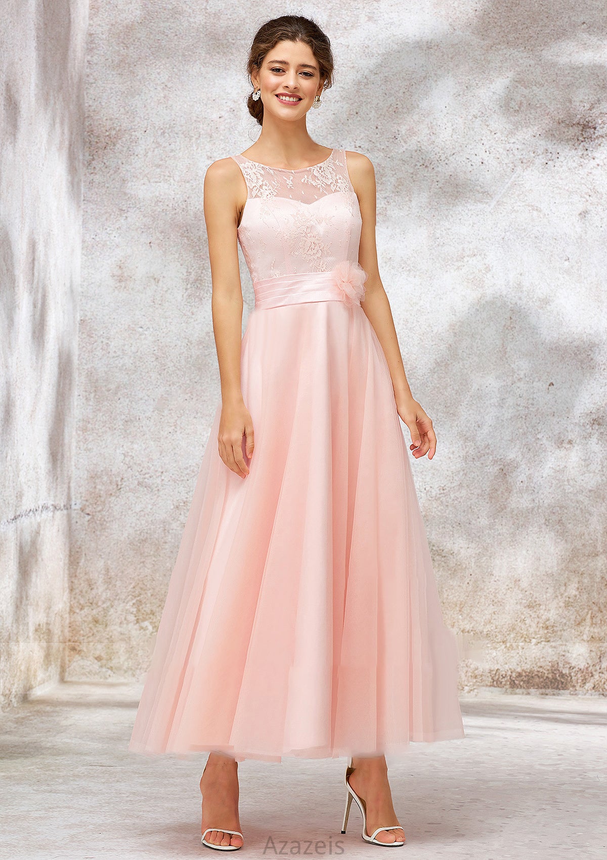 Bateau Sleeveless Tea-Length Tulle A-line/Princess Bridesmaid Dresses With Waistband Lace Valeria DFP0025403