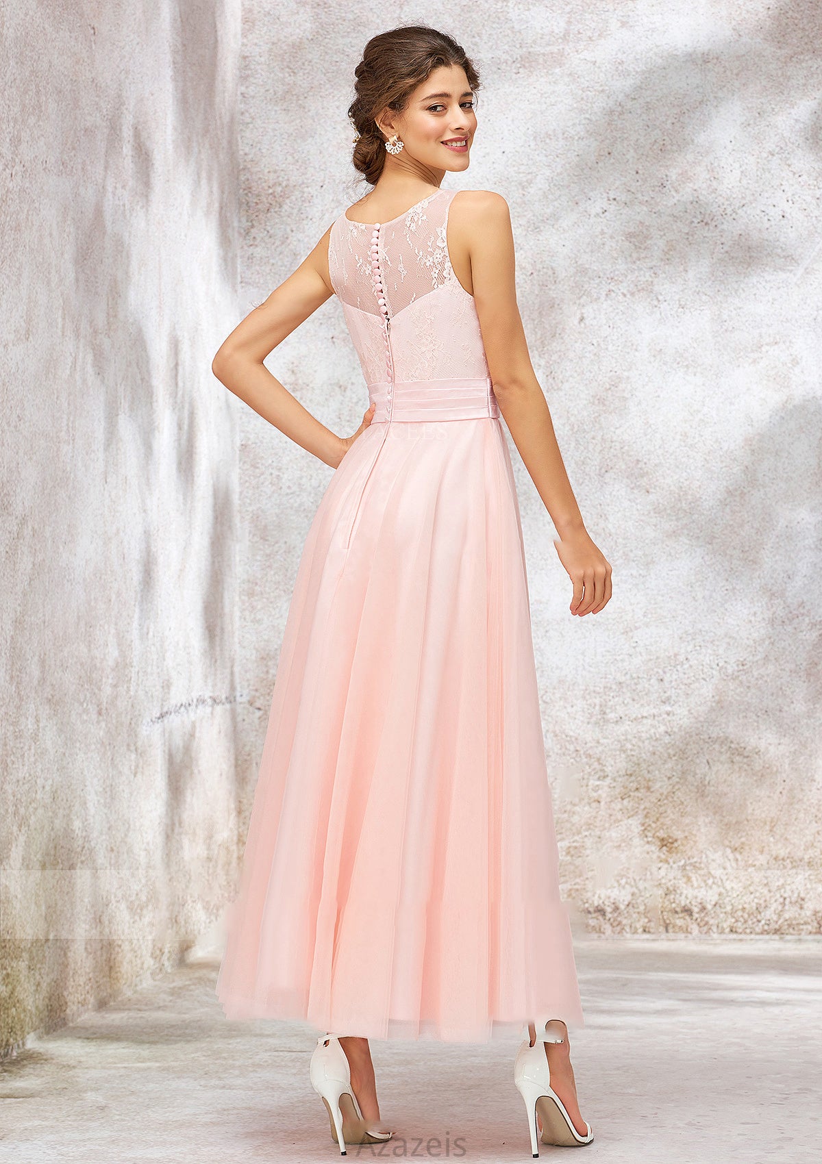 Bateau Sleeveless Tea-Length Tulle A-line/Princess Bridesmaid Dresses With Waistband Lace Valeria DFP0025403