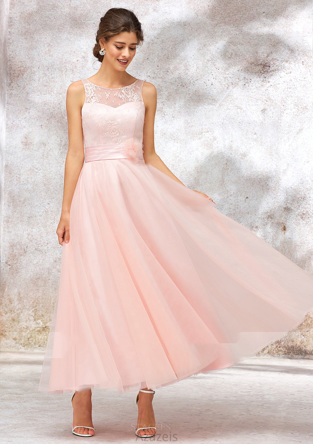 Bateau Sleeveless Tea-Length Tulle A-line/Princess Bridesmaid Dresses With Waistband Lace Valeria DFP0025403