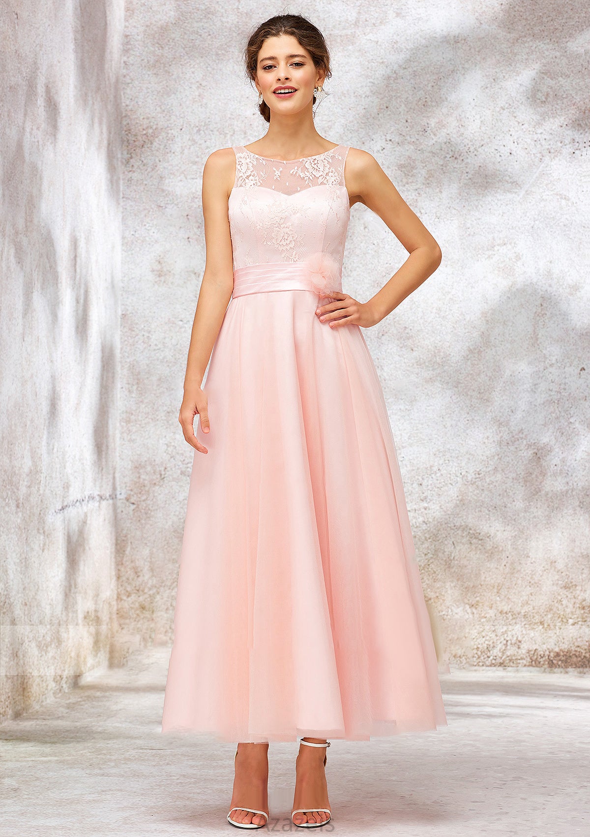 Bateau Sleeveless Tea-Length Tulle A-line/Princess Bridesmaid Dresses With Waistband Lace Valeria DFP0025403