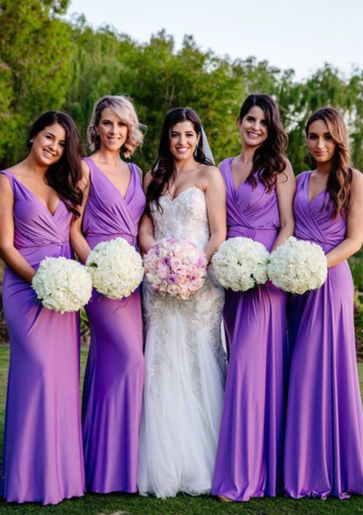 Sheath/Column V Neck Sleeveless Long/Floor-Length Jersey Bridesmaid Dresses With Pleated Joy DFP0025404