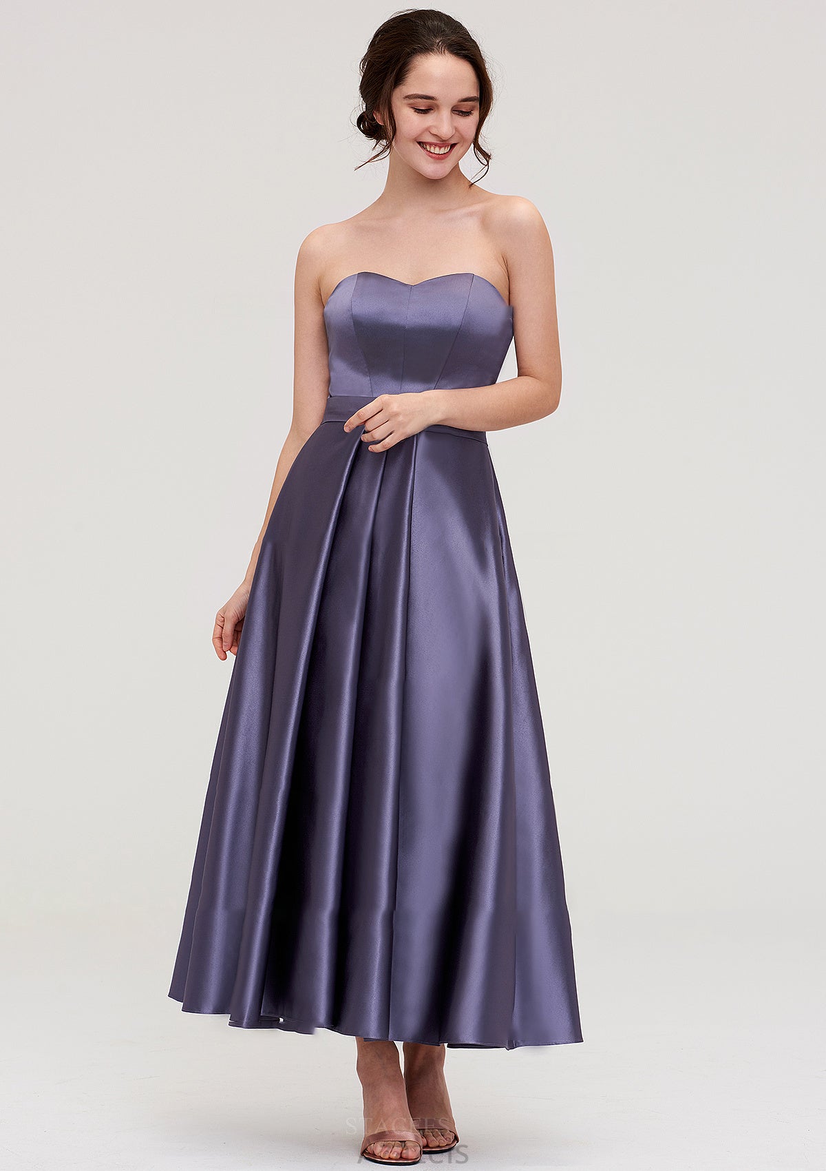 Sweetheart Sleeveless A-line/Princess Satin Ankle-Length Bridesmaid Dresses With Pleated Shannon DFP0025408