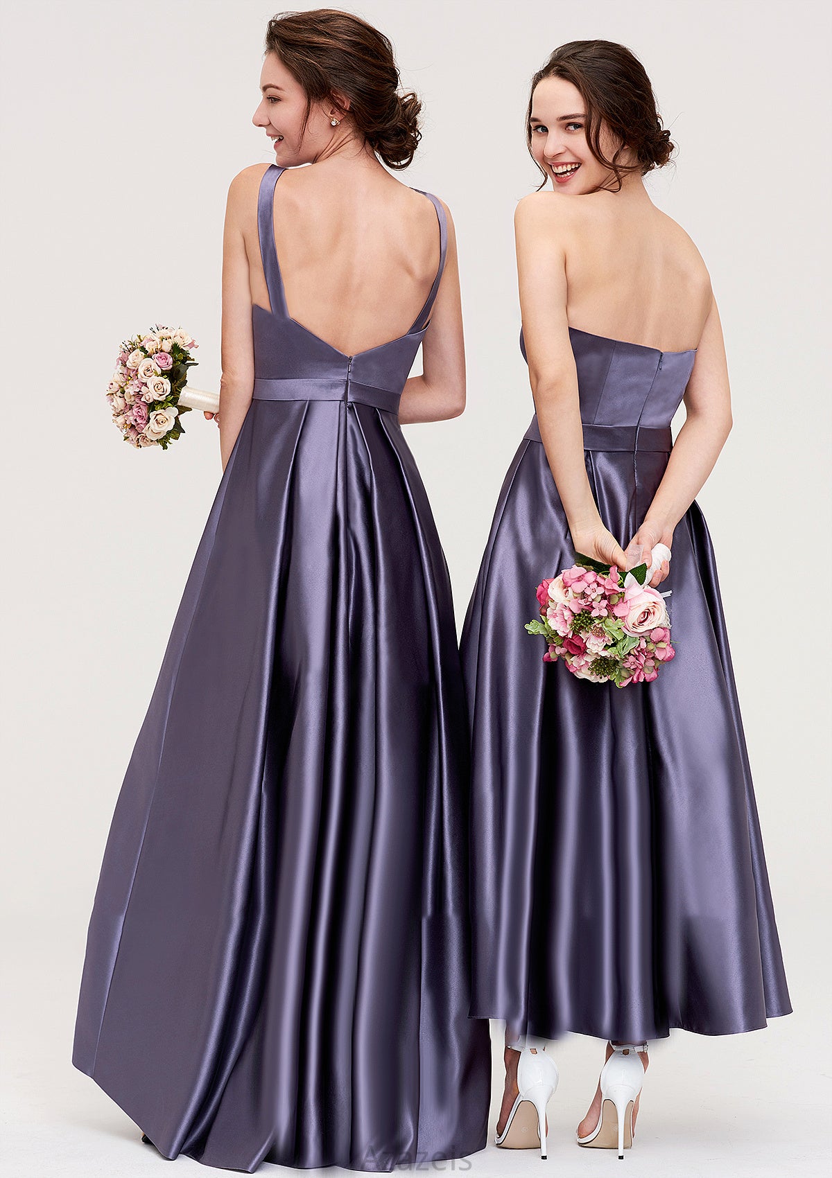 Sweetheart Sleeveless A-line/Princess Satin Ankle-Length Bridesmaid Dresses With Pleated Shannon DFP0025408